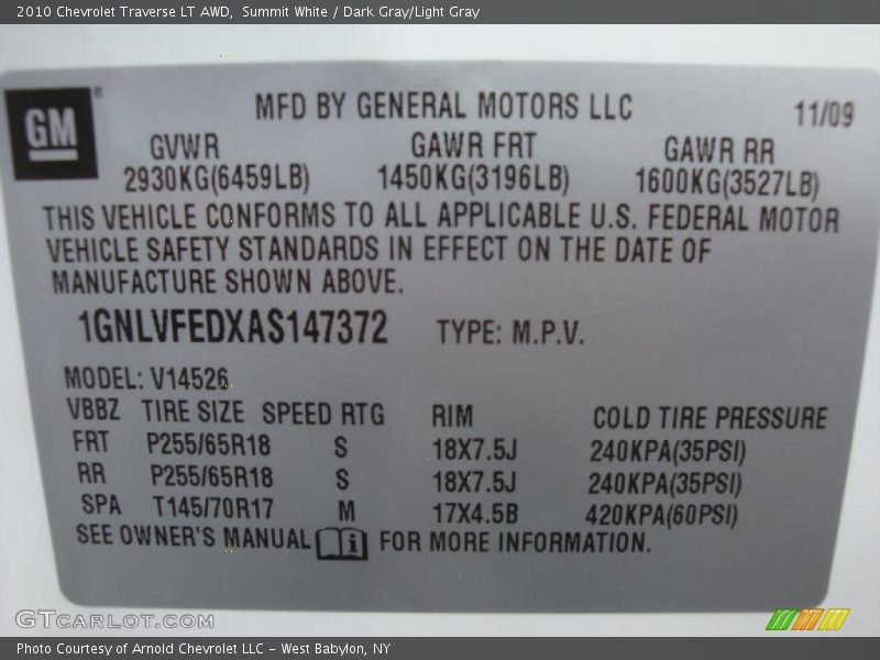 Summit White / Dark Gray/Light Gray 2010 Chevrolet Traverse LT AWD