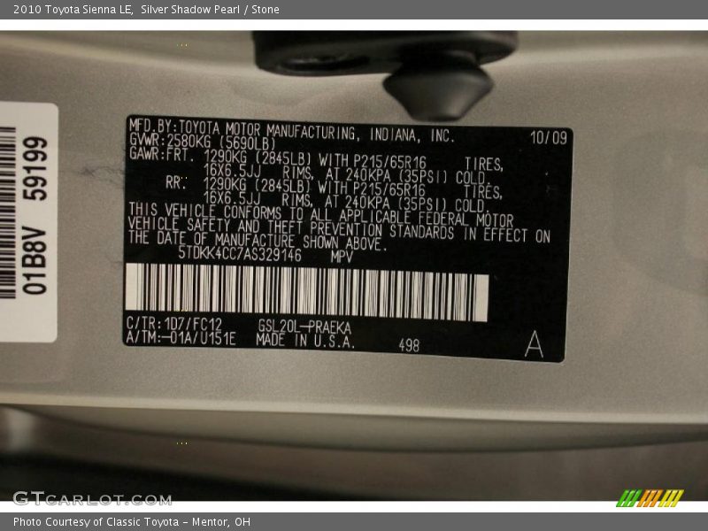 Silver Shadow Pearl / Stone 2010 Toyota Sienna LE
