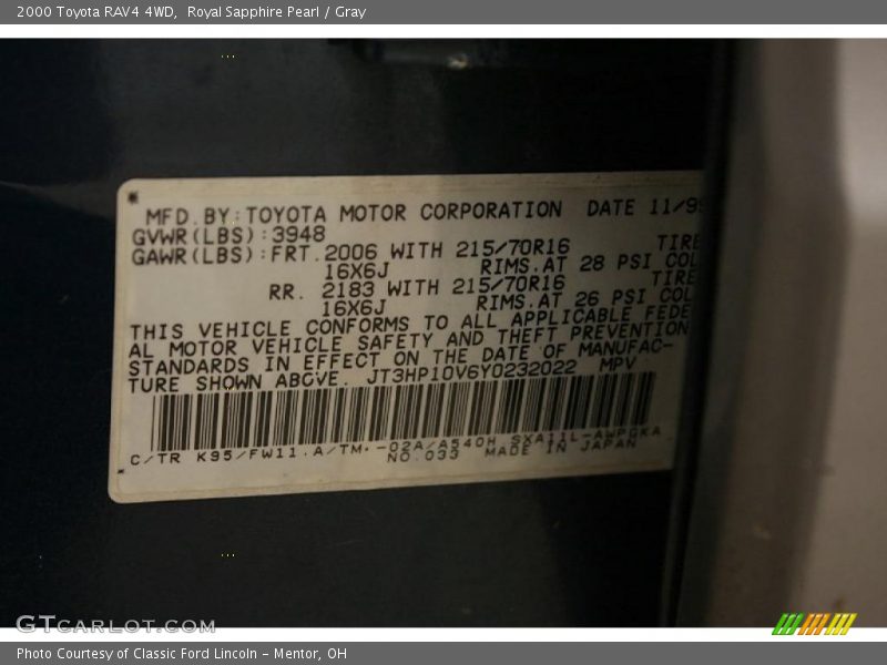 Royal Sapphire Pearl / Gray 2000 Toyota RAV4 4WD