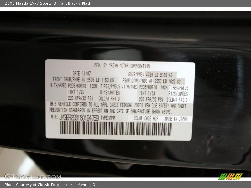 Brilliant Black / Black 2008 Mazda CX-7 Sport