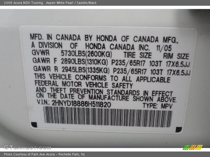 Aspen White Pearl / Saddle/Black 2006 Acura MDX Touring