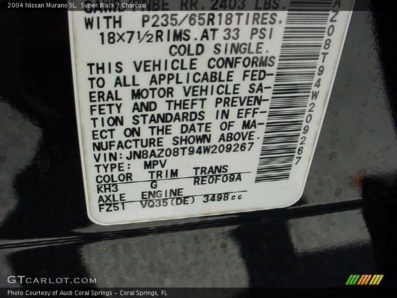 Super Black / Charcoal 2004 Nissan Murano SL