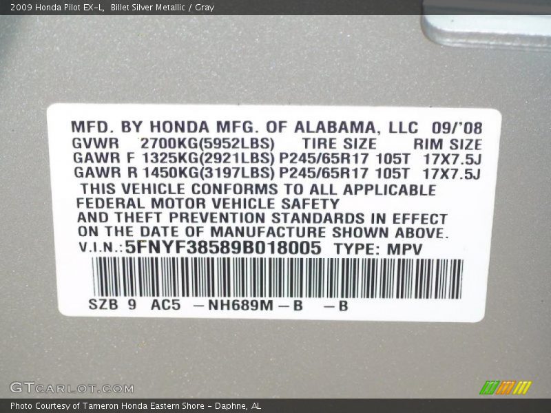 Billet Silver Metallic / Gray 2009 Honda Pilot EX-L