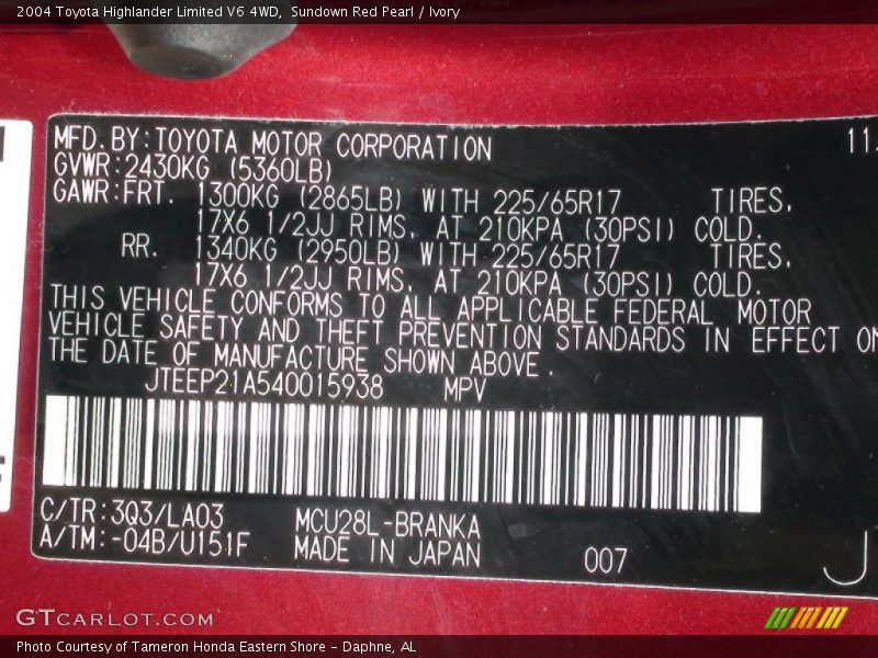 Sundown Red Pearl / Ivory 2004 Toyota Highlander Limited V6 4WD