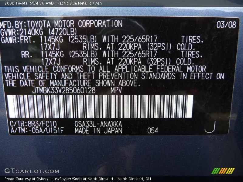 Pacific Blue Metallic / Ash 2008 Toyota RAV4 V6 4WD