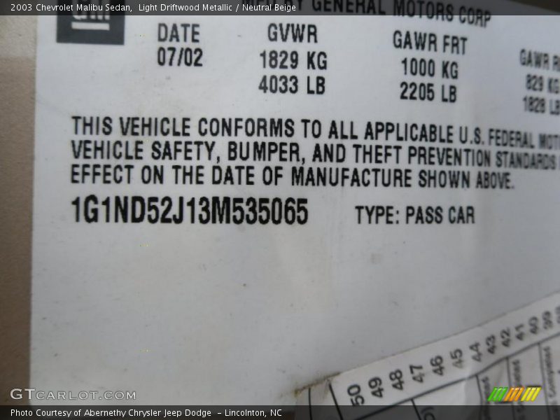 Light Driftwood Metallic / Neutral Beige 2003 Chevrolet Malibu Sedan