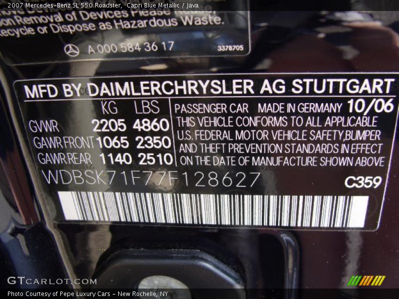 Capri Blue Metallic / Java 2007 Mercedes-Benz SL 550 Roadster