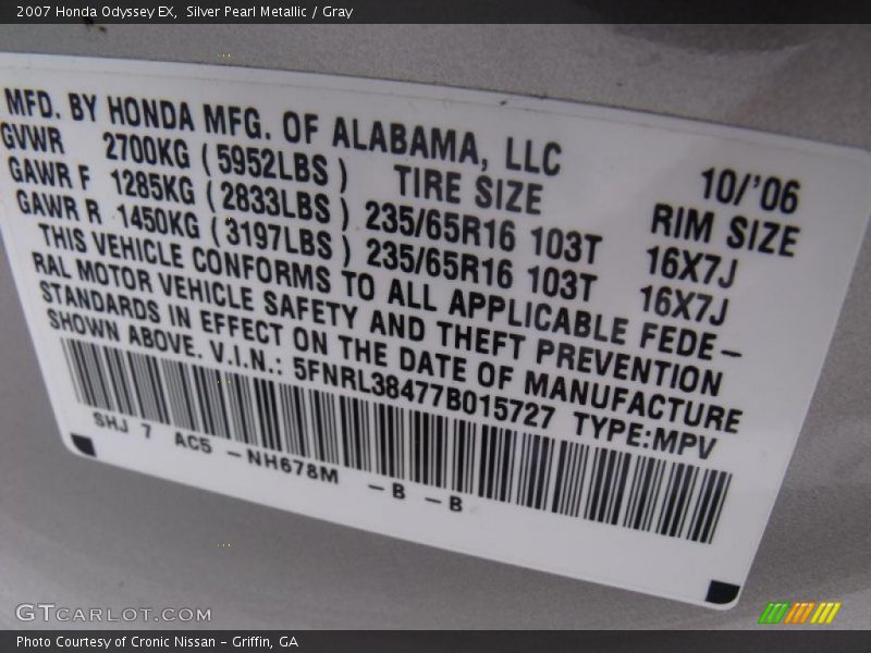 Silver Pearl Metallic / Gray 2007 Honda Odyssey EX