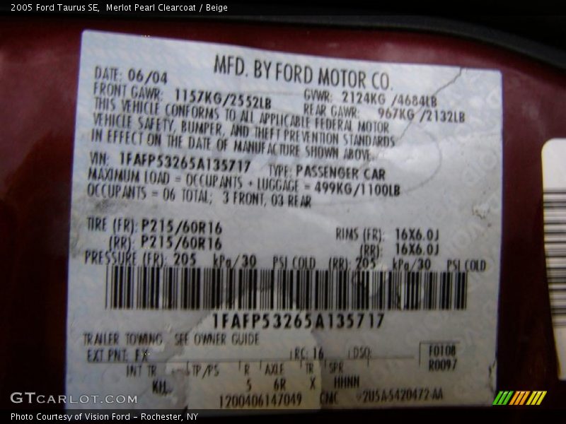 Merlot Pearl Clearcoat / Beige 2005 Ford Taurus SE