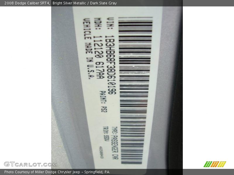 Bright Silver Metallic / Dark Slate Gray 2008 Dodge Caliber SRT4