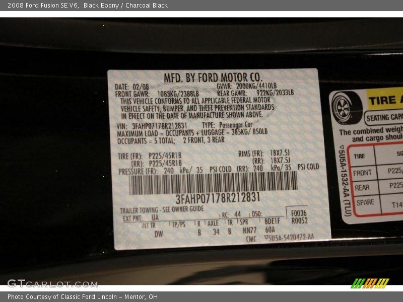 Black Ebony / Charcoal Black 2008 Ford Fusion SE V6