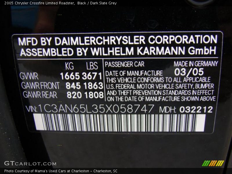 Black / Dark Slate Grey 2005 Chrysler Crossfire Limited Roadster