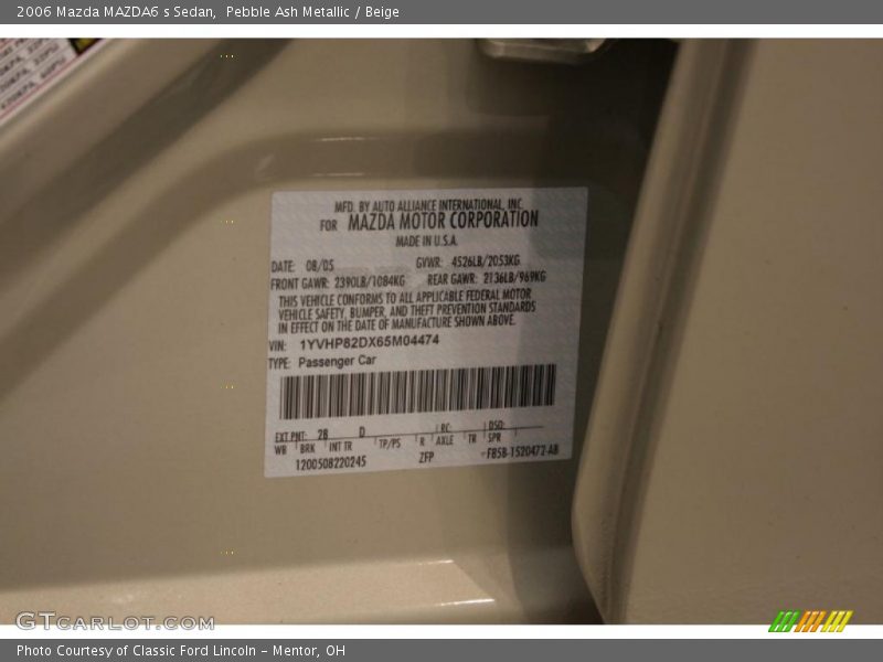 Pebble Ash Metallic / Beige 2006 Mazda MAZDA6 s Sedan