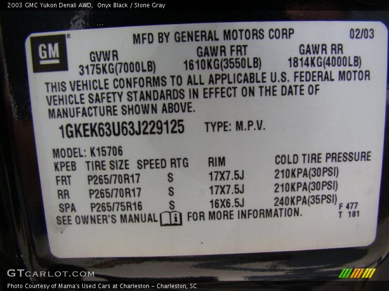 Onyx Black / Stone Gray 2003 GMC Yukon Denali AWD