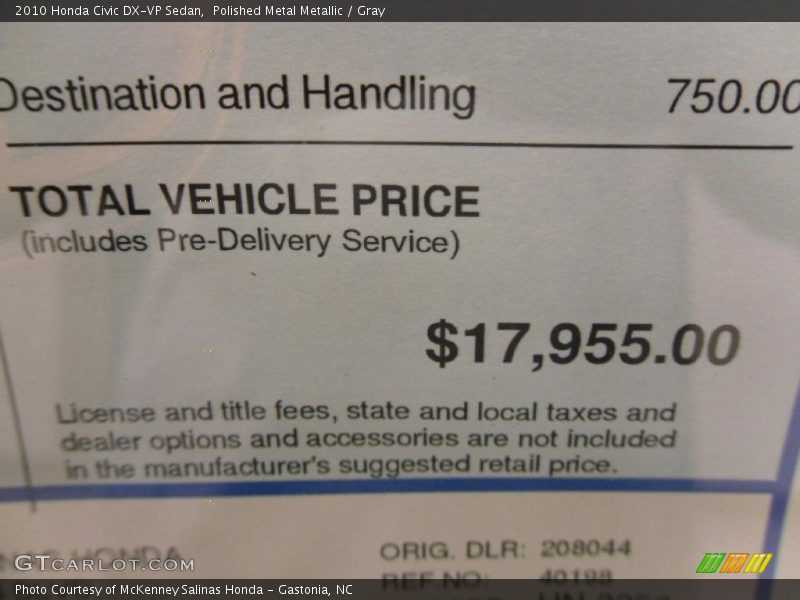 Polished Metal Metallic / Gray 2010 Honda Civic DX-VP Sedan