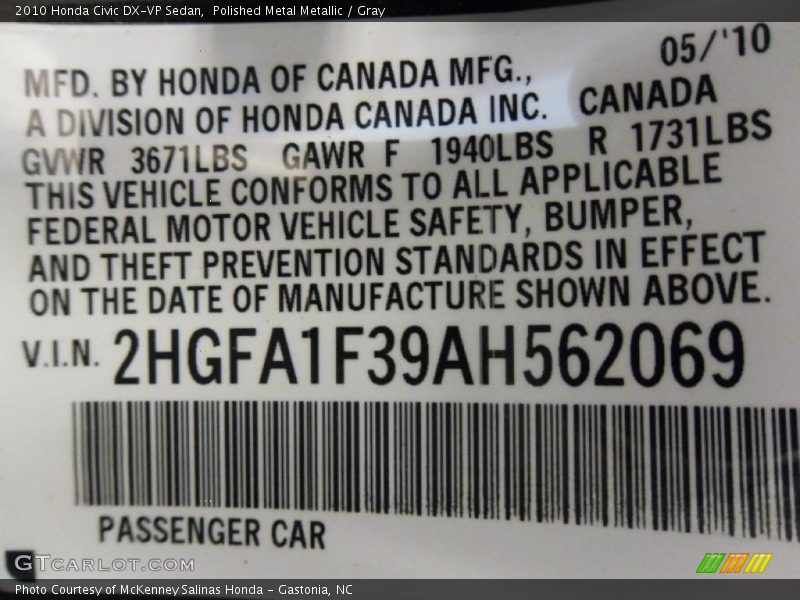 Polished Metal Metallic / Gray 2010 Honda Civic DX-VP Sedan