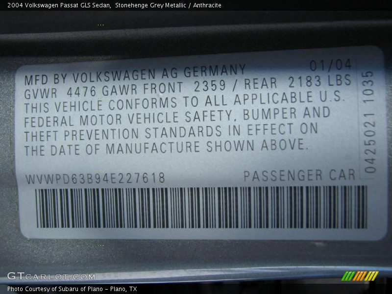 Stonehenge Grey Metallic / Anthracite 2004 Volkswagen Passat GLS Sedan