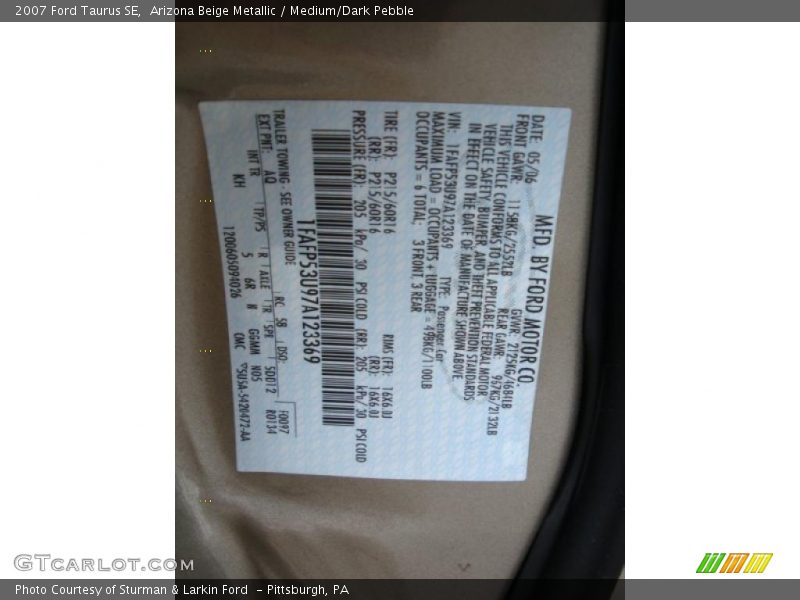 Arizona Beige Metallic / Medium/Dark Pebble 2007 Ford Taurus SE