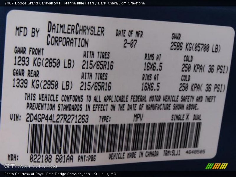 Marine Blue Pearl / Dark Khaki/Light Graystone 2007 Dodge Grand Caravan SXT