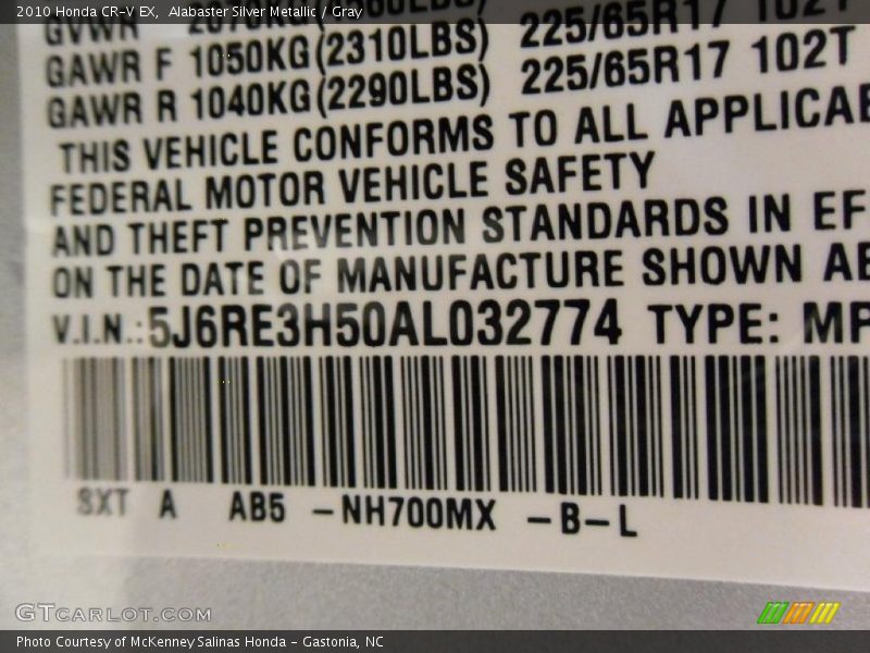 Alabaster Silver Metallic / Gray 2010 Honda CR-V EX