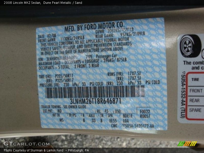 Dune Pearl Metallic / Sand 2008 Lincoln MKZ Sedan