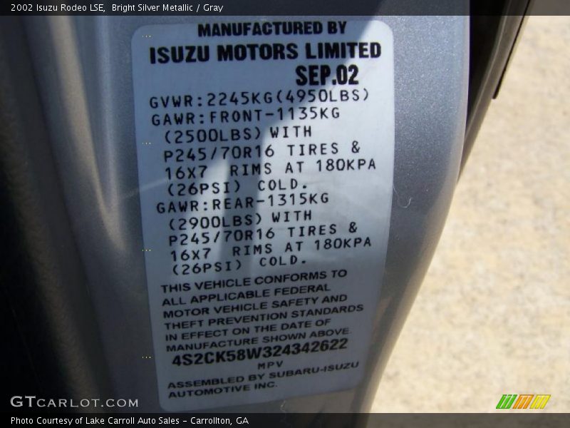 Bright Silver Metallic / Gray 2002 Isuzu Rodeo LSE