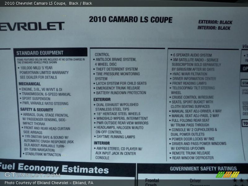 Black / Black 2010 Chevrolet Camaro LS Coupe