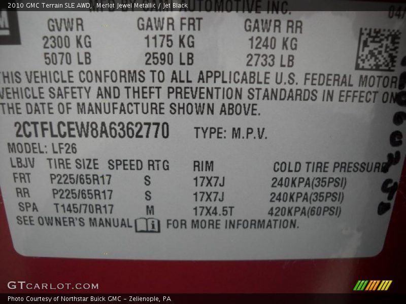 Merlot Jewel Metallic / Jet Black 2010 GMC Terrain SLE AWD