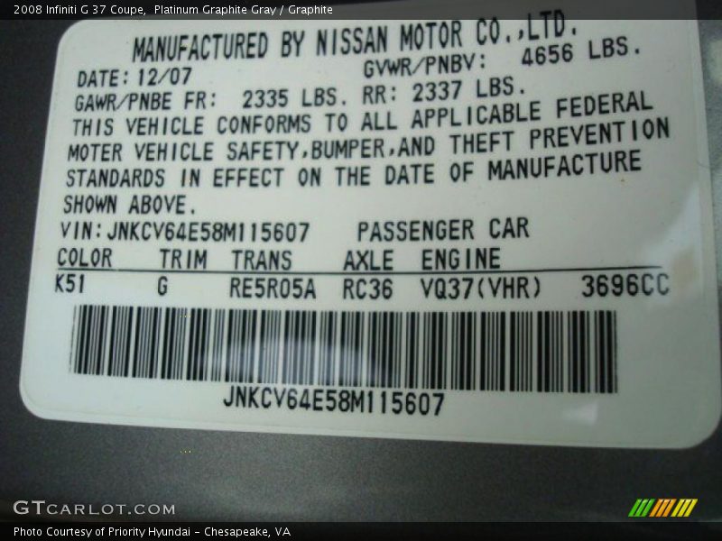 Platinum Graphite Gray / Graphite 2008 Infiniti G 37 Coupe