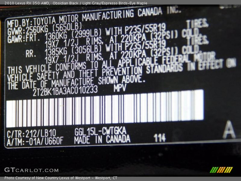 Obsidian Black / Light Gray/Espresso Birds-Eye Maple 2010 Lexus RX 350 AWD