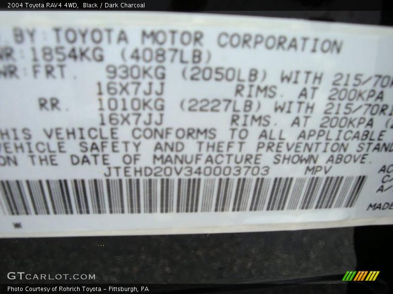 Black / Dark Charcoal 2004 Toyota RAV4 4WD