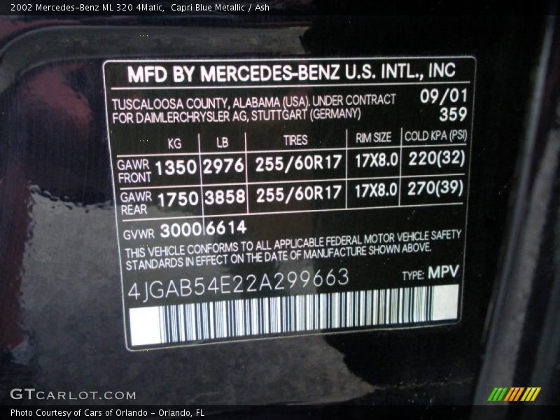 Capri Blue Metallic / Ash 2002 Mercedes-Benz ML 320 4Matic