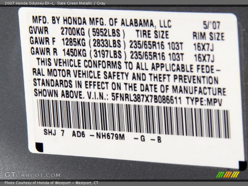 Slate Green Metallic / Gray 2007 Honda Odyssey EX-L