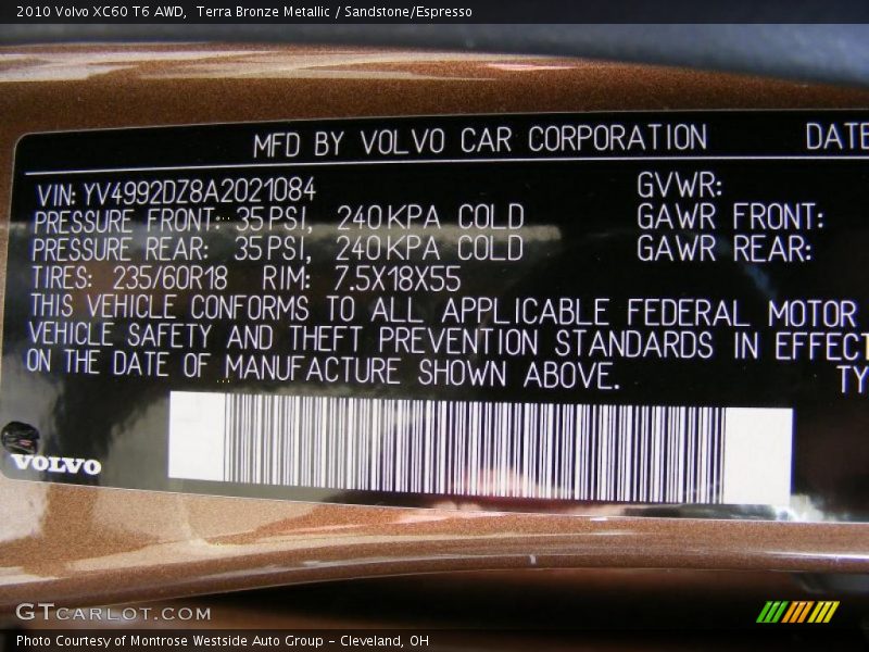 Terra Bronze Metallic / Sandstone/Espresso 2010 Volvo XC60 T6 AWD