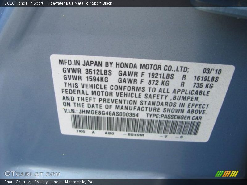 Tidewater Blue Metallic / Sport Black 2010 Honda Fit Sport