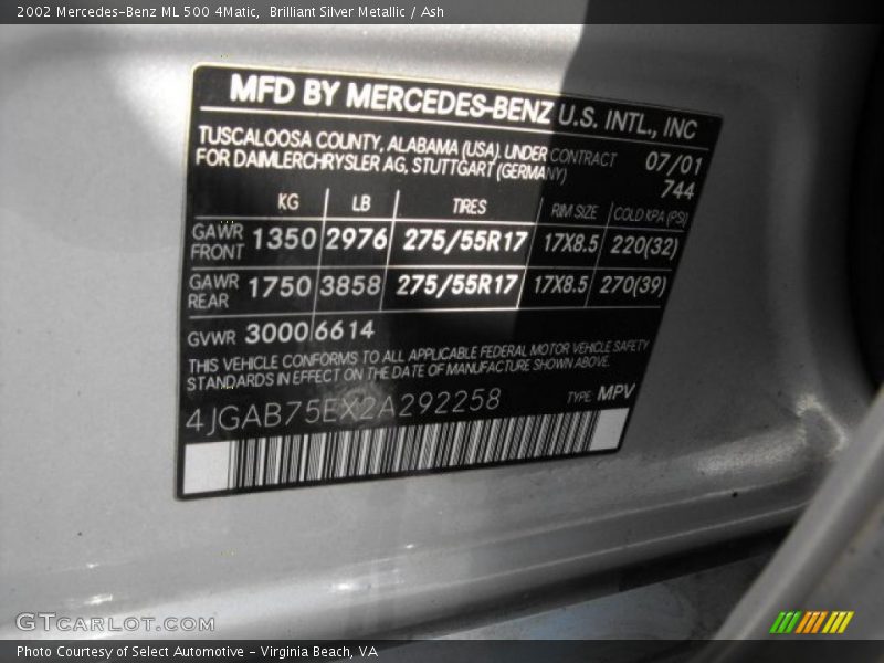 Brilliant Silver Metallic / Ash 2002 Mercedes-Benz ML 500 4Matic