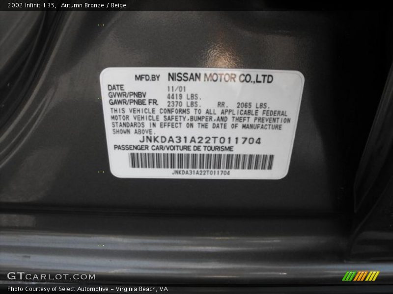 Autumn Bronze / Beige 2002 Infiniti I 35