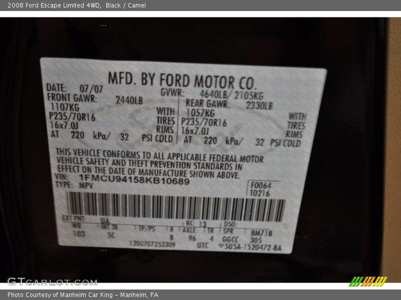 Black / Camel 2008 Ford Escape Limited 4WD