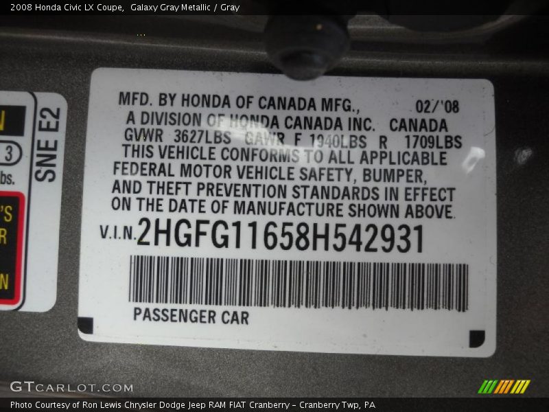 Galaxy Gray Metallic / Gray 2008 Honda Civic LX Coupe