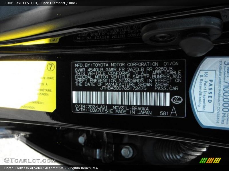 Black Diamond / Black 2006 Lexus ES 330