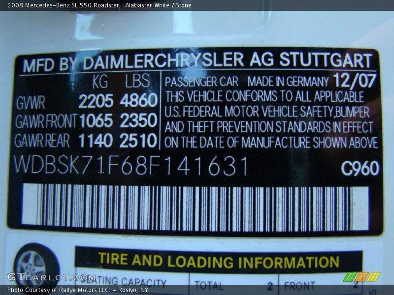 2008 SL 550 Roadster Alabaster White Color Code 960