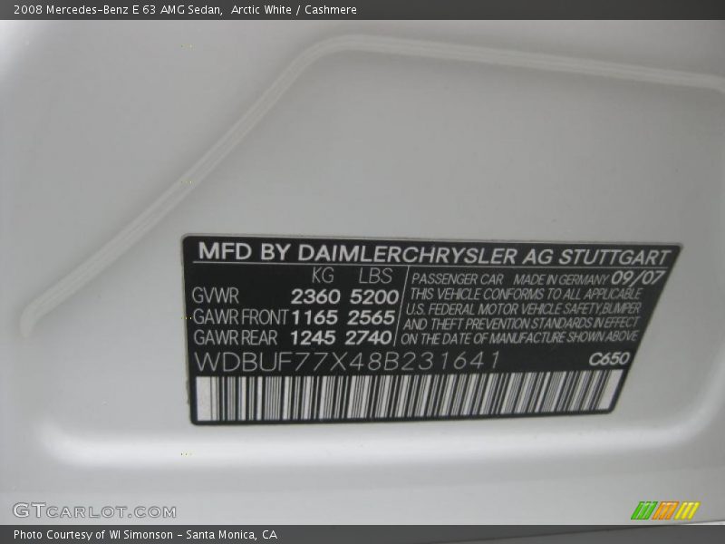 2008 E 63 AMG Sedan Arctic White Color Code 650
