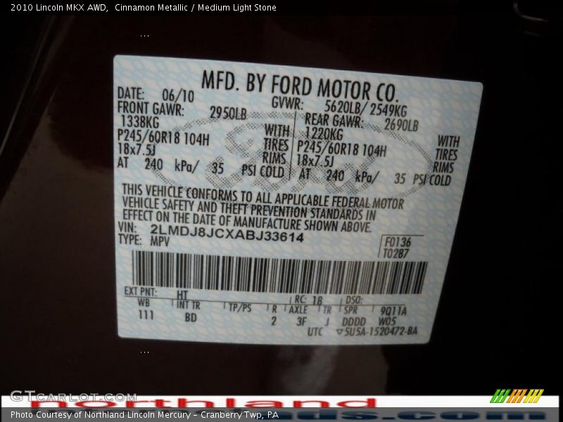 Cinnamon Metallic / Medium Light Stone 2010 Lincoln MKX AWD