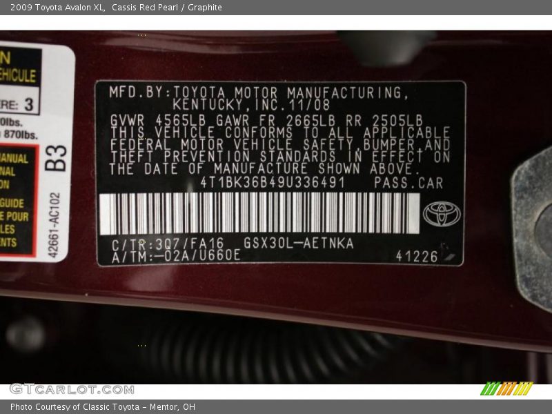 Cassis Red Pearl / Graphite 2009 Toyota Avalon XL