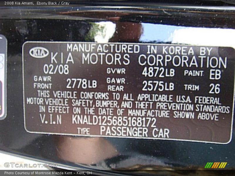 Ebony Black / Gray 2008 Kia Amanti