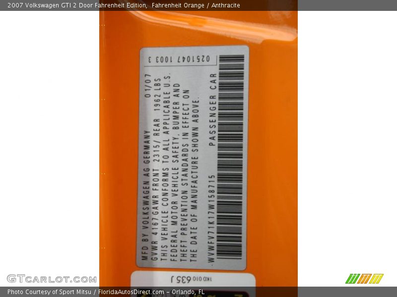 Fahrenheit Orange / Anthracite 2007 Volkswagen GTI 2 Door Fahrenheit Edition
