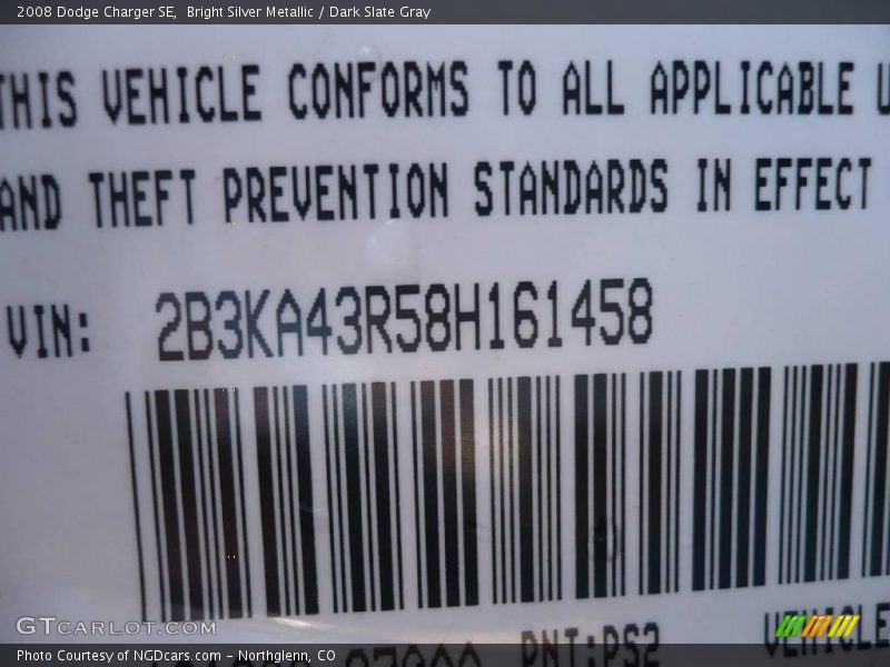Bright Silver Metallic / Dark Slate Gray 2008 Dodge Charger SE