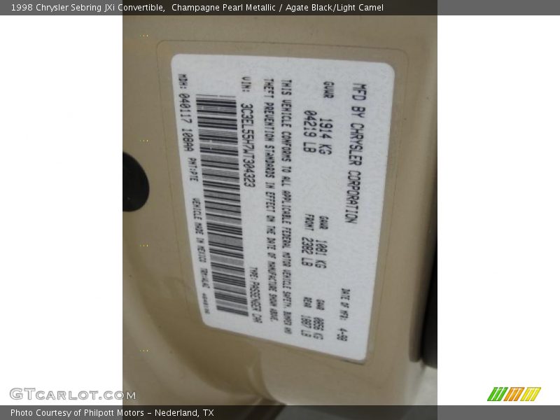 Champagne Pearl Metallic / Agate Black/Light Camel 1998 Chrysler Sebring JXi Convertible
