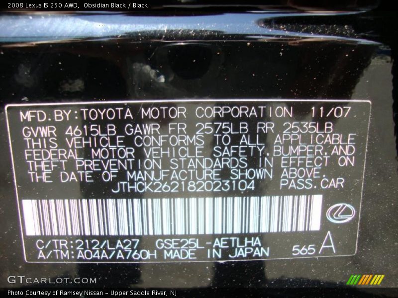 Obsidian Black / Black 2008 Lexus IS 250 AWD