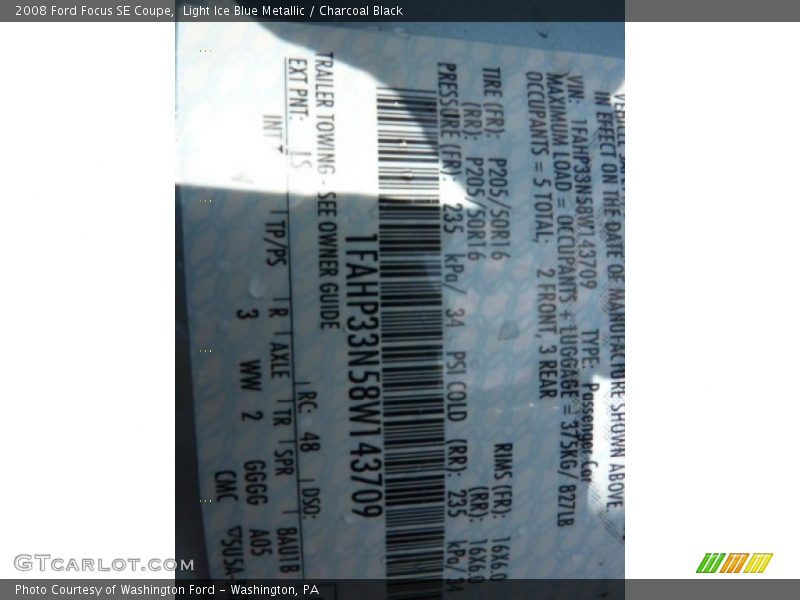 Light Ice Blue Metallic / Charcoal Black 2008 Ford Focus SE Coupe